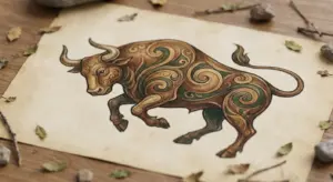 A stylized astrological illustration of a bull representing the Taurus zodiac sign, surrounded by subtle earthy elements