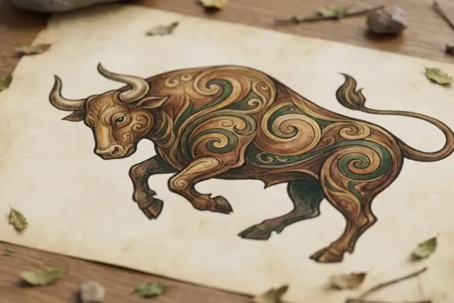 A stylized astrological illustration of a bull representing the Taurus zodiac sign, surrounded by subtle earthy elements